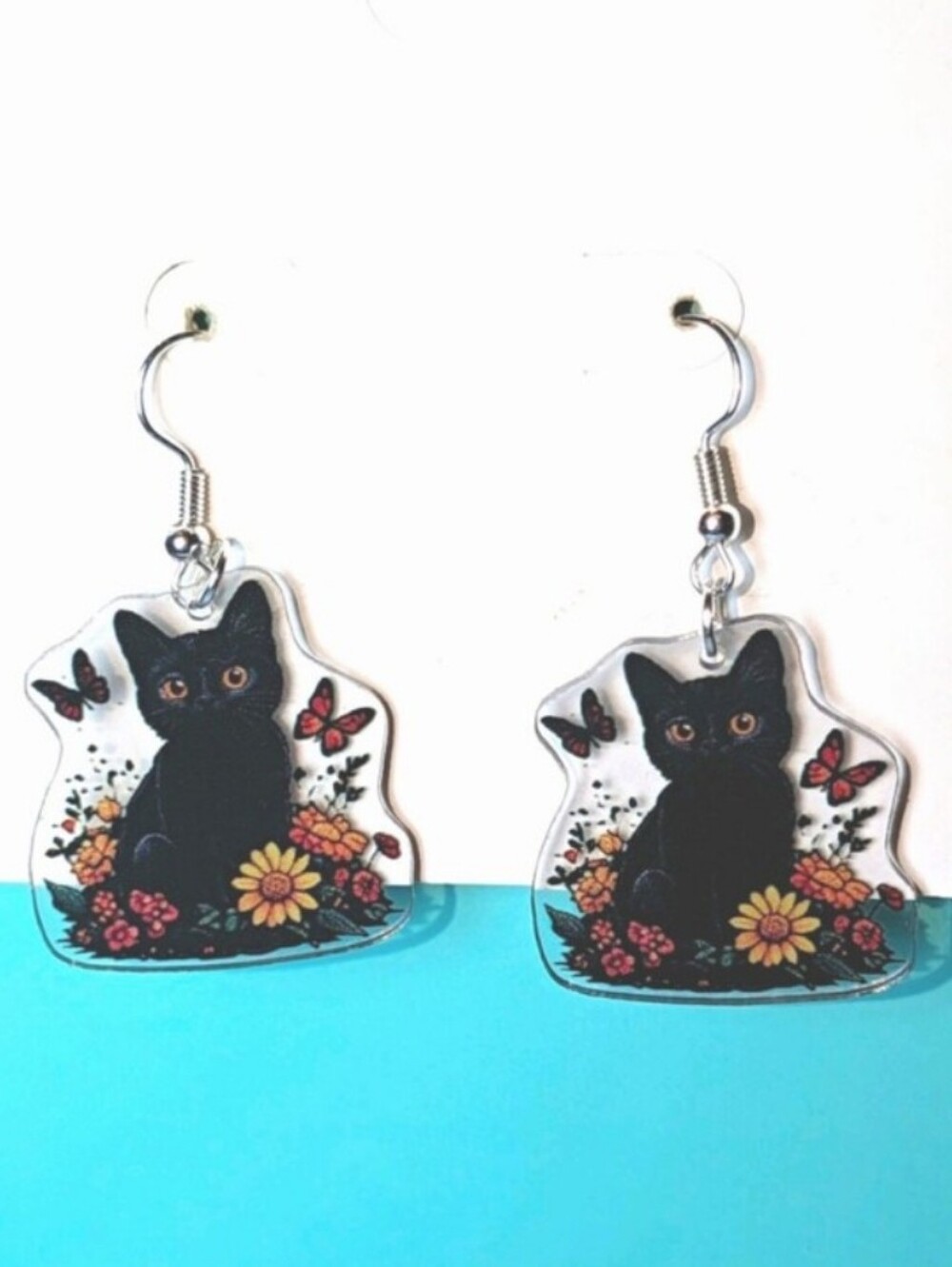 Black Cat Floral Acrylic Earrings - Cute Cat Jewelry